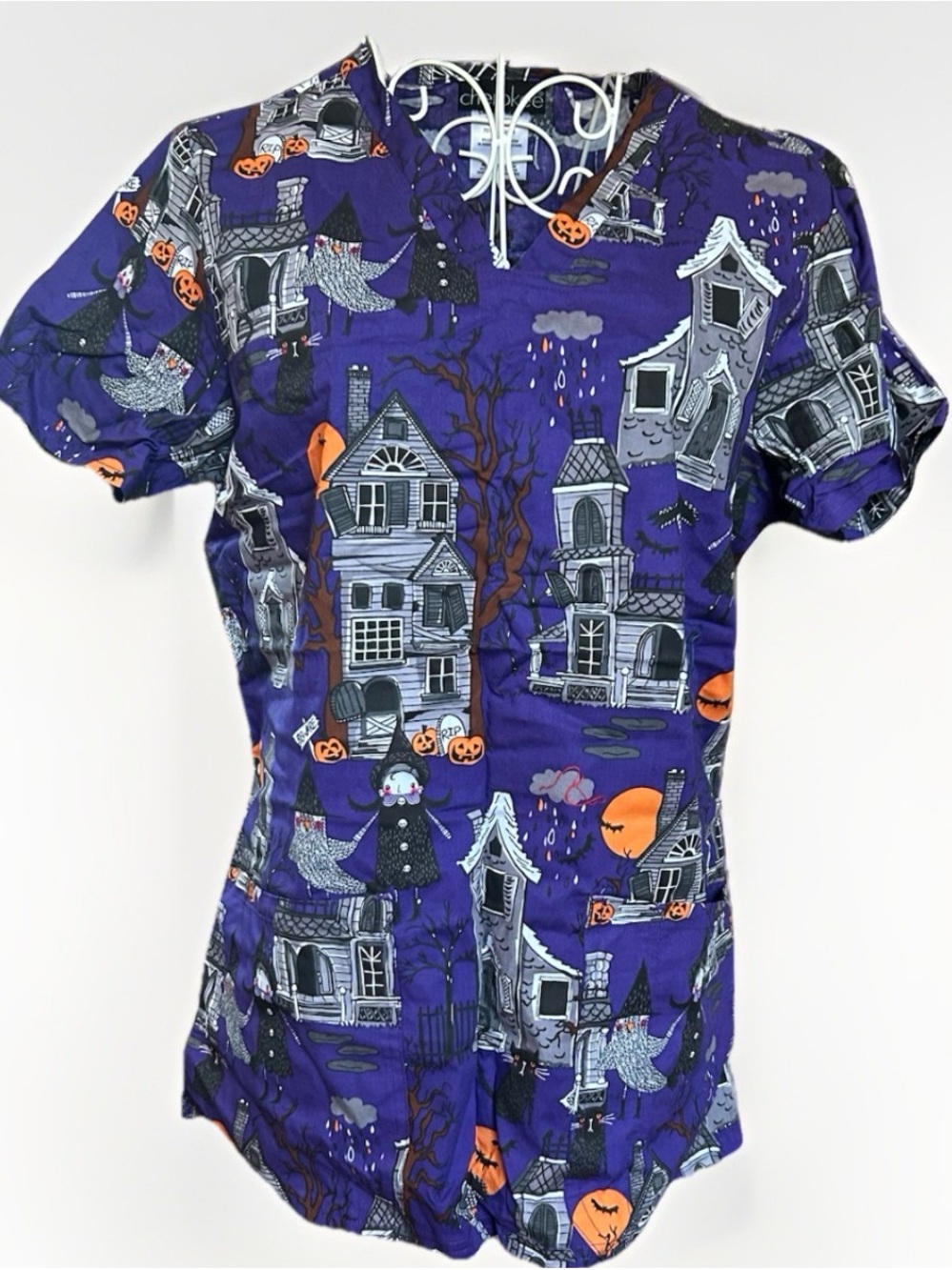 Purple Cherokee Haunted House Scrub Top